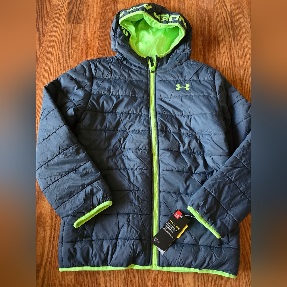 Boys YLG L Under Armour Puffer Jacket NWT Wire Grey Lime